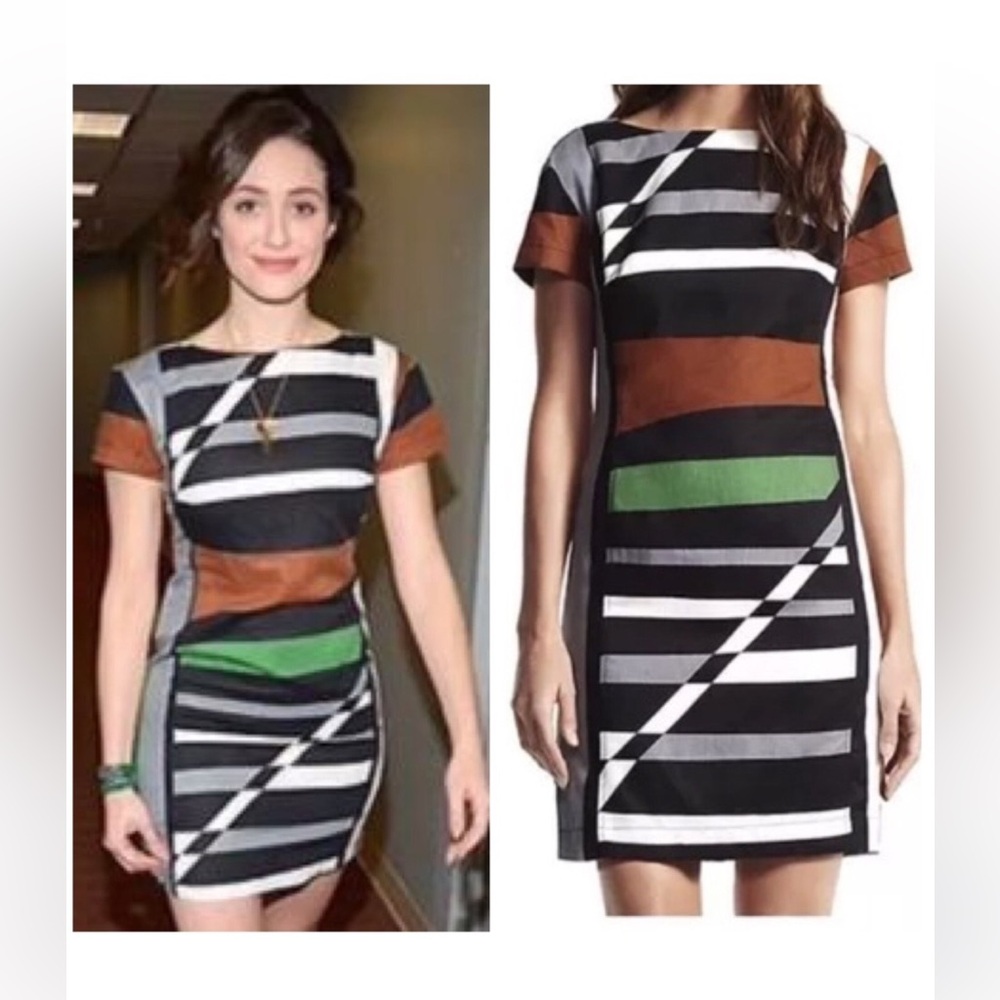 Derek Lam brown & black geometric colorblock short sleeve mini sheath dress